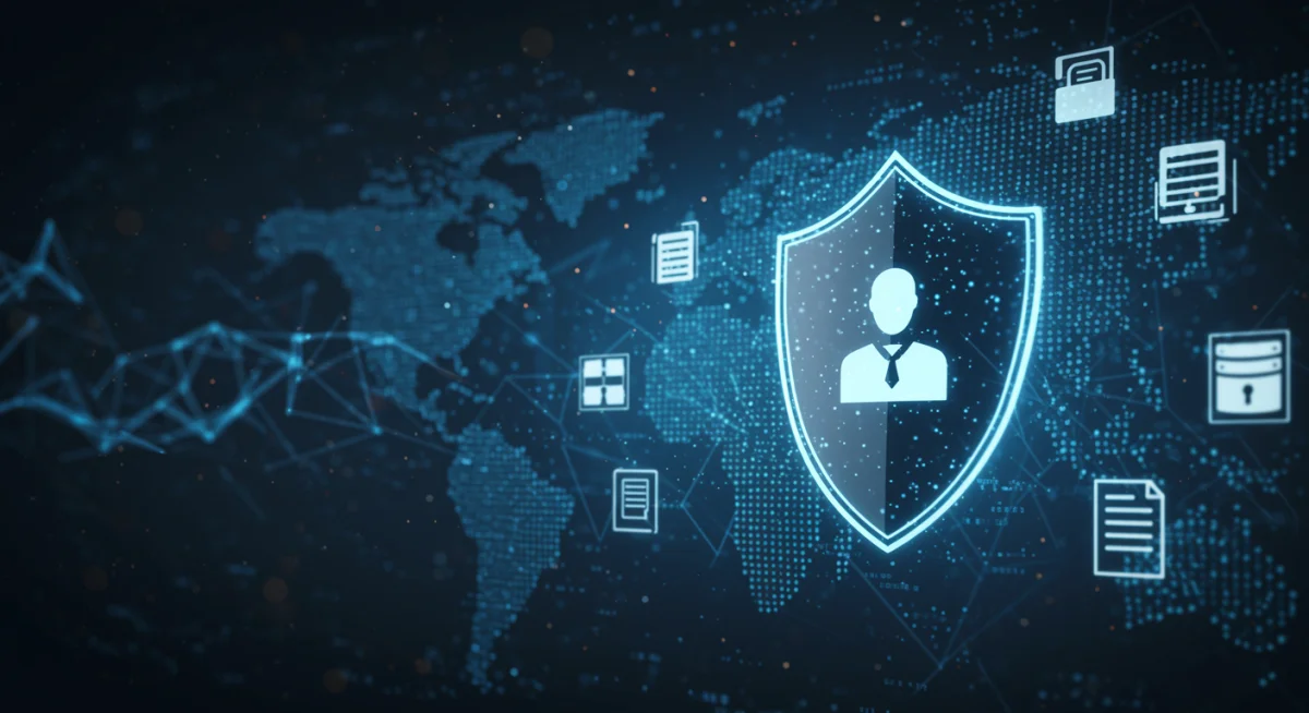 Escudo digital protegendo ícones de dados em uma rede global, simbolizando segurança e conformidade.