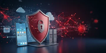 Segurança Digital 2025: Ameaças e Proteção Essencial Escudo digital protegendo dispositivos e dados em nuvem, simbolizando a segurança cibernética avançada em 2025.