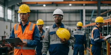 Trabalhadores usando EPIs em ambiente industrial seguro, com sinalização de segurança visível, ilustrando a importância da segurança do trabalho em 2025.