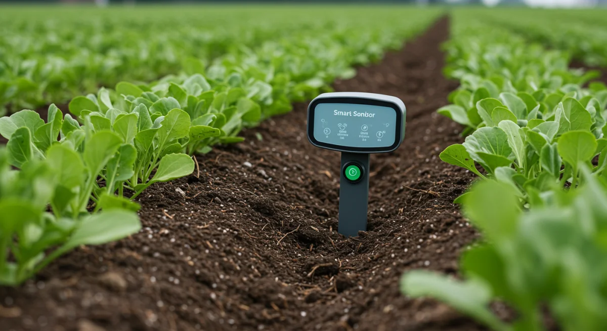 Sensor inteligente de solo em lavoura transmitindo dados para agricultura de precisão