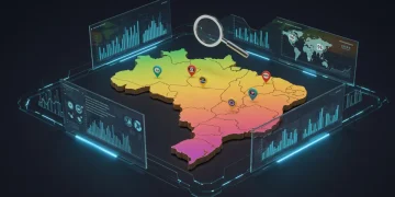SEO Local no Brasil: 3 Táticas para Classificar Seu Negócio em 2025 Mapa digital do Brasil com pinos de localização e elementos de busca, simbolizando o sucesso do SEO Local.