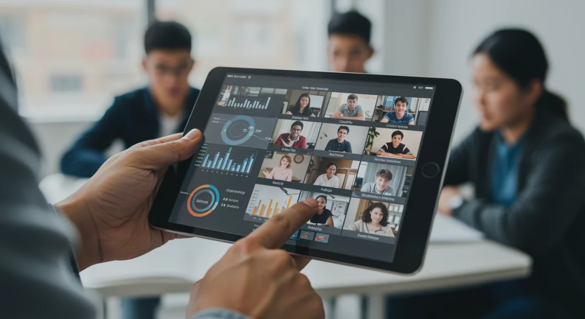 Mão segurando um tablet com interface de sala de aula virtual, ilustrando as novas políticas de qualidade para o EAD.