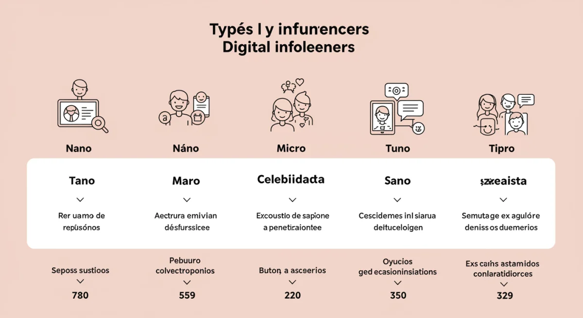 Infográfico detalhando os 5 tipos de influenciadores digitais e suas características para estratégias de marketing.