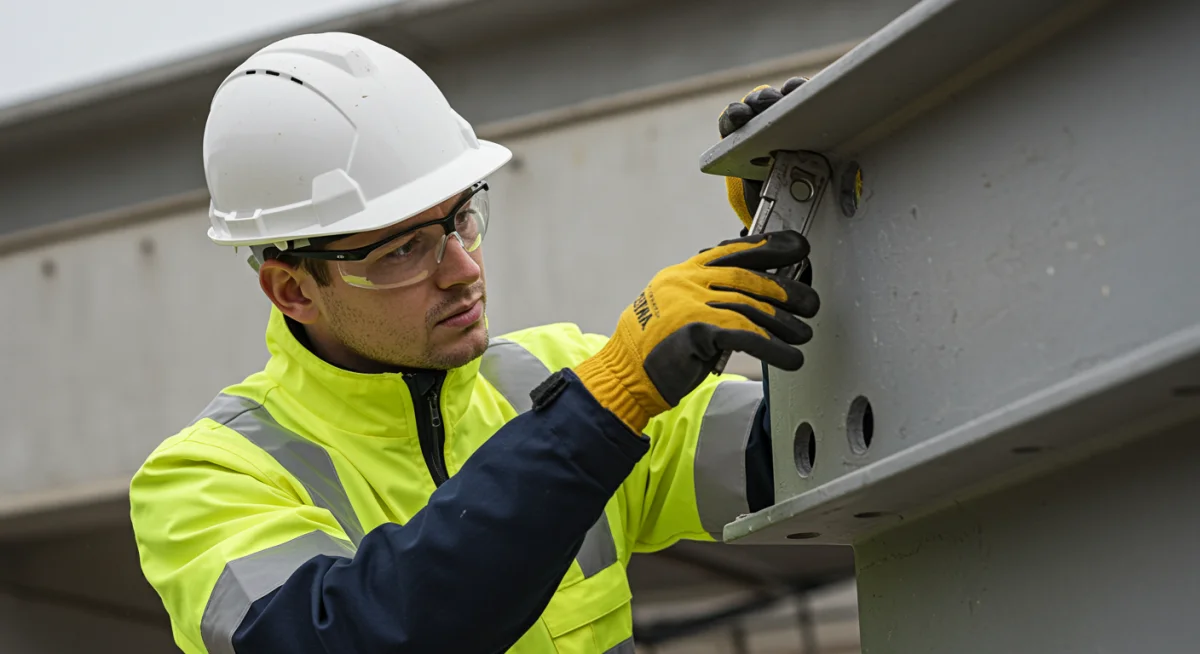 Trabalhador da construção civil com equipamentos de proteção individual inspecionando obra.
