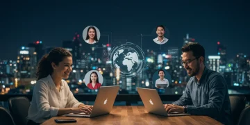 Trabalho Remoto Global 2025: Desafios e Adaptação Brasileira Profissionais diversos colaborando em trabalho remoto global em 2025, com tecnologia e conexão digital.