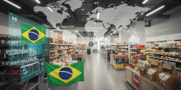Varejo brasileiro em expansão global, com elementos tecnológicos e mapa-múndi, simbolizando a internacionalização.