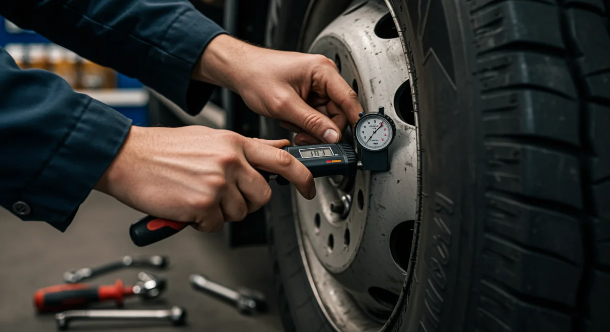 Mecânico verificando a pressão e o desgaste dos pneus de um veículo da frota com ferramentas digitais.