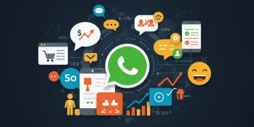 Ícone do WhatsApp Business cercado por gráficos de vendas em ascensão e símbolos de e-commerce, representando o impacto das novas funcionalidades.