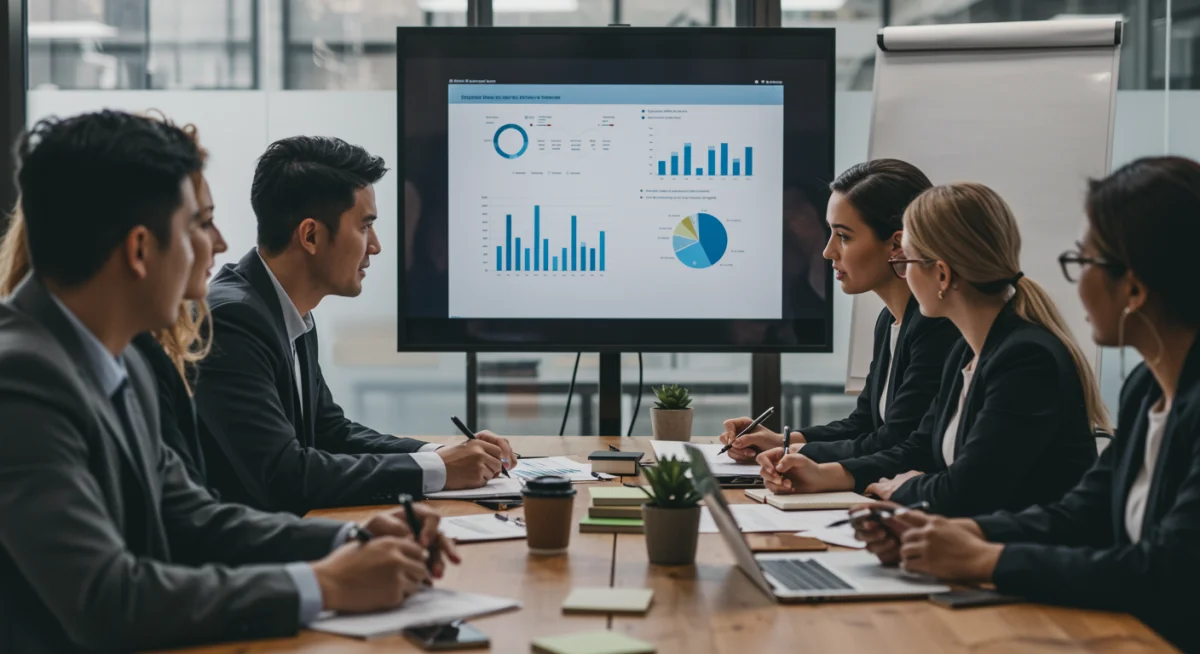 Profissionais de negócios em workshop sobre novas regulamentações fiscais, colaborando e tomando notas.