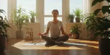 Pessoa meditando em posição de lótus, ambiente tranquilo e iluminado