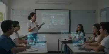 Alunos brasileiros em uma sala de aula futurista, interagindo com tecnologia educacional avançada