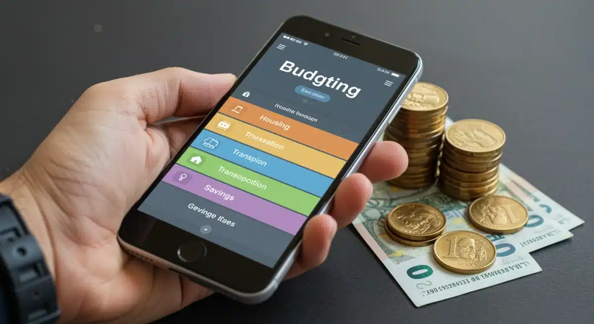 Mão segurando um smartphone com aplicativo de orçamento aberto, mostrando categorias de gastos e economias.