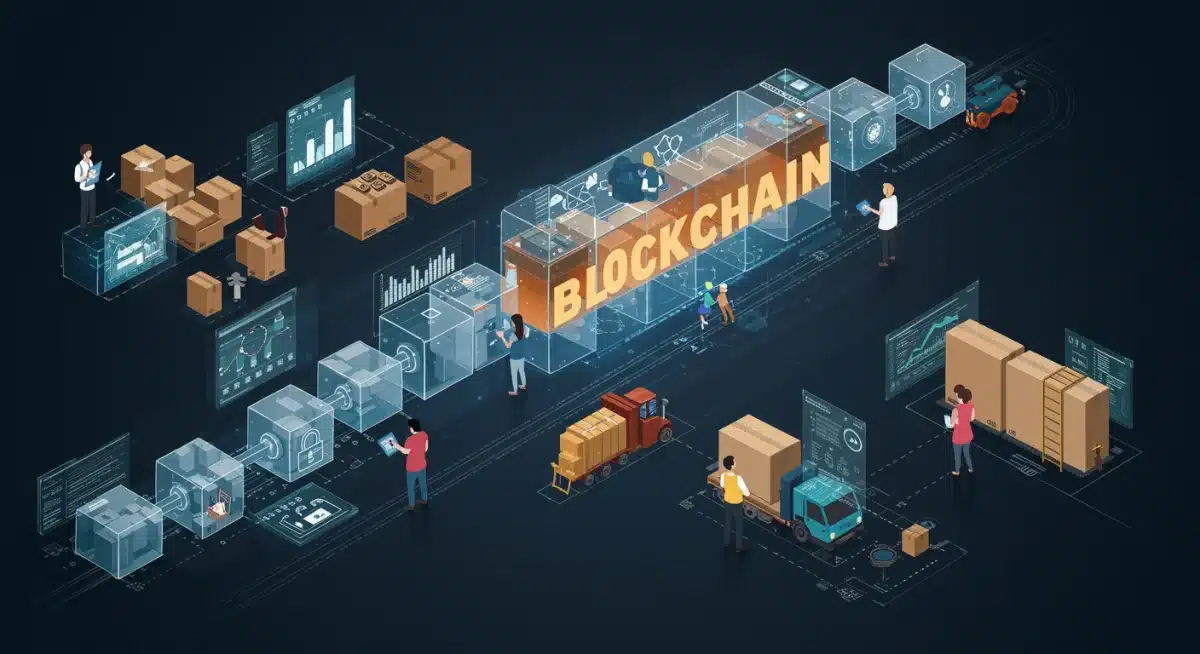 Representação visual de uma cadeia de suprimentos otimizada por blockchain, mostrando rastreabilidade e segurança.
