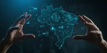 Rede blockchain futurista sobre o mapa do Brasil, simbolizando inovação e aplicações empresariais.
