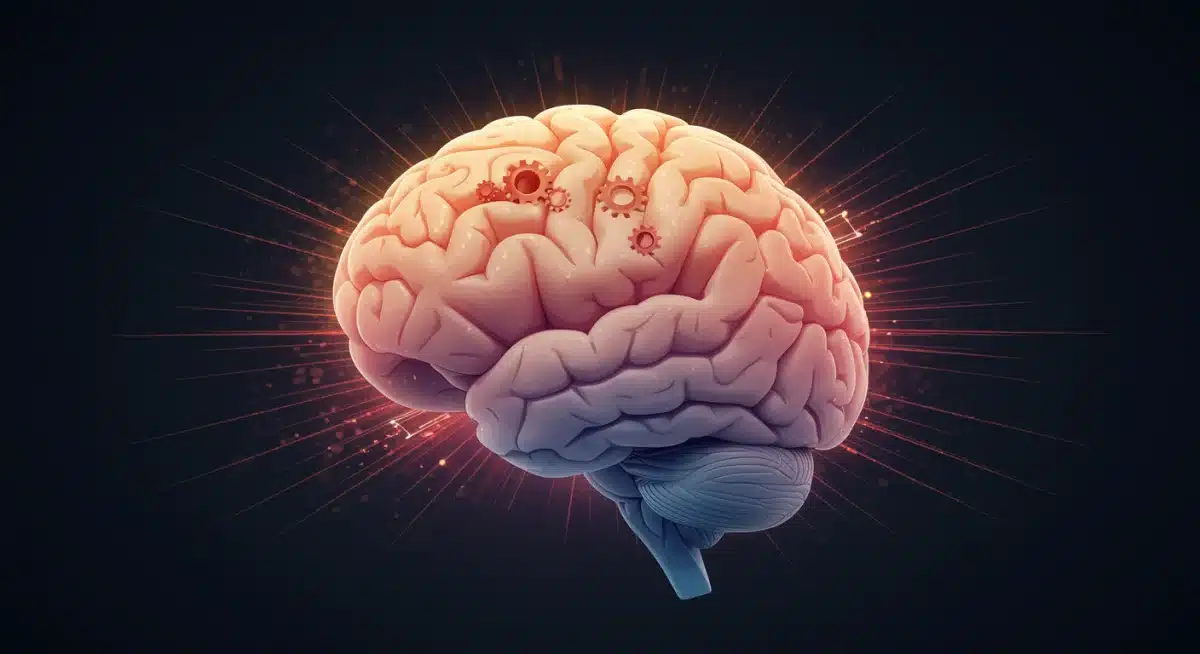 Ilustração de um cérebro com engrenagens, representando a clareza mental e o aumento do foco cognitivo.