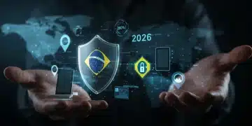 Escudo digital protegendo dados e dispositivos, simbolizando a cibersegurança em 2026 no Brasil