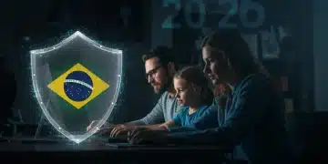 Escudo digital protegendo uma família de golpes online em 2026 no Brasil.