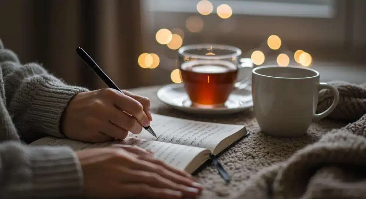 Pessoa escrevendo em um diário em um ambiente aconchegante, praticando a auto-reflexão