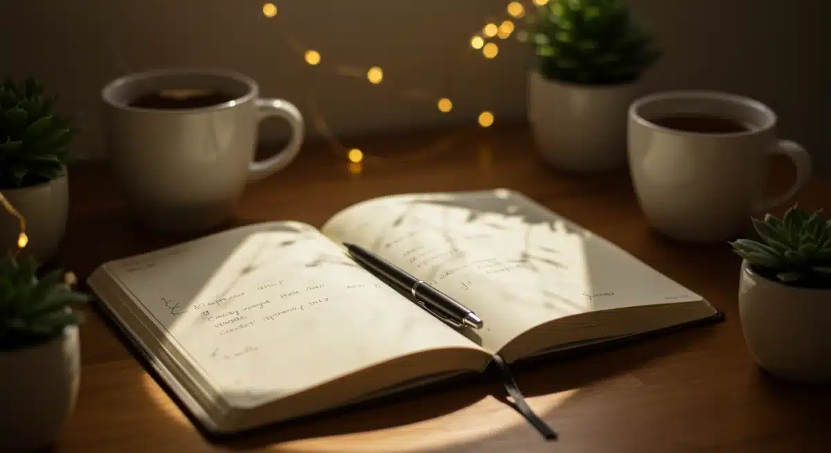 Diário aberto com caneta em mesa de madeira, simbolizando reflexão e escrita pessoal para o autoconhecimento.