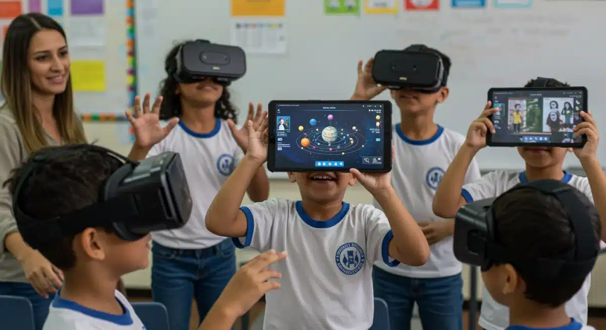 Crianças brasileiras em uma sala de aula virtual, usando óculos de VR para interagir com conteúdo educacional divertido e imersivo.