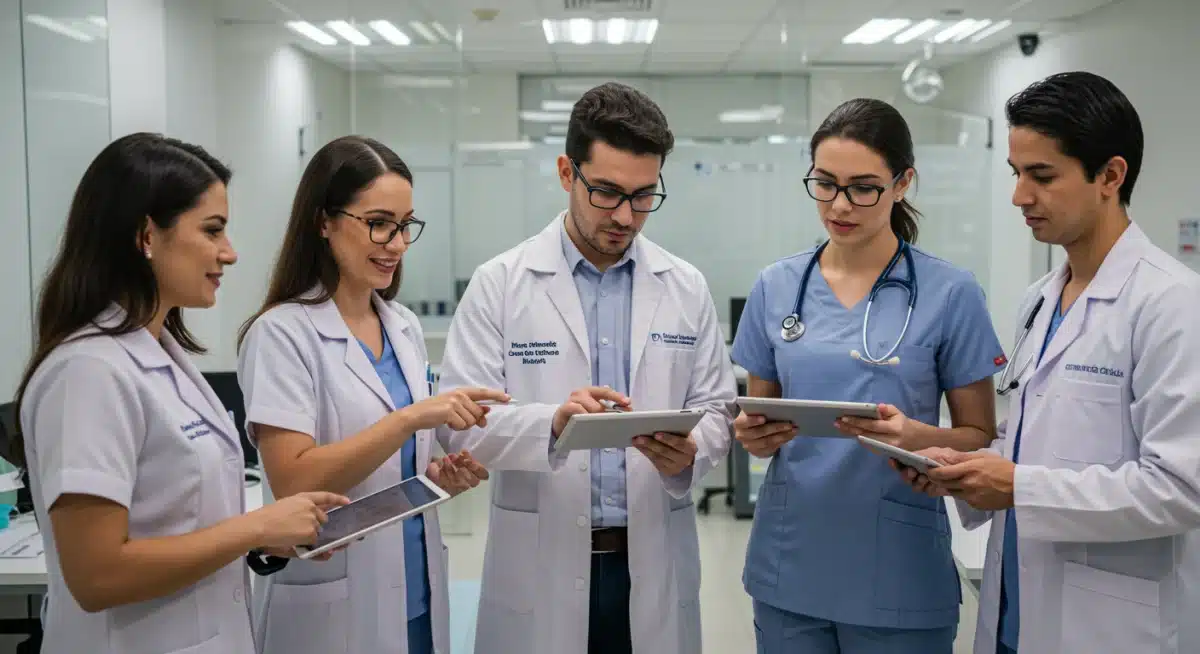 Profissionais de saúde brasileiros colaborando em uma clínica moderna, utilizando tecnologia para gerenciar dados de pacientes e doenças crônicas.