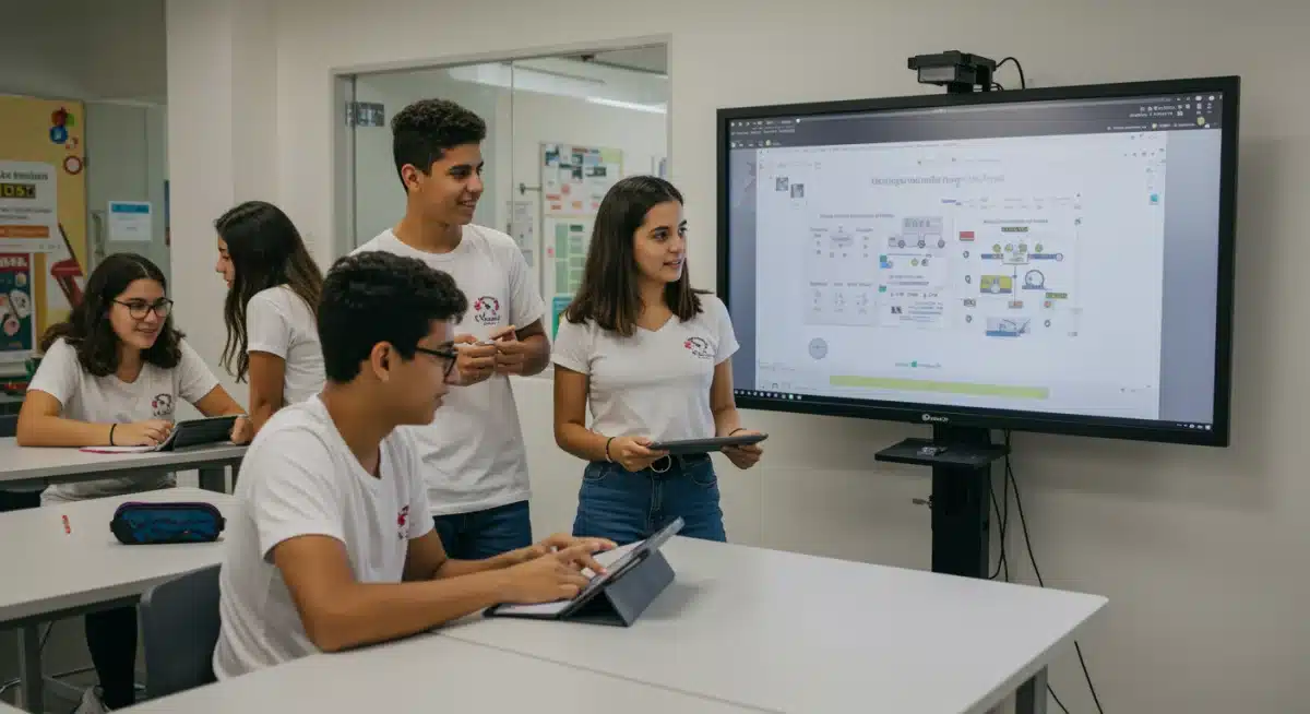 Grupo de estudantes brasileiros colaborando em projeto com tablets e tela interativa