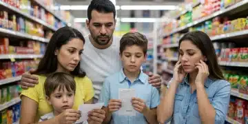 Família brasileira preocupada com a inflação e aumento de preços em supermercado