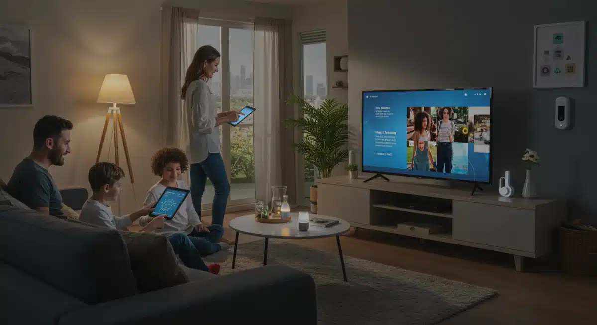 Família brasileira interagindo com casa inteligente e dispositivos IoT