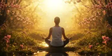 Pessoa meditando em posição de lótus em paisagem natural serena, simbolizando autoconhecimento e paz interior.