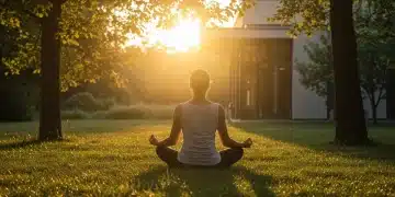 Pessoa meditando em um ambiente sereno ao nascer do sol, simbolizando redução de estresse e bem-estar