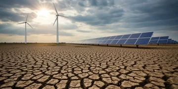 Paisagem árida com turbinas eólicas e painéis solares, simbolizando a crise hídrica e energética no Brasil.