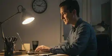 Pessoa concentrada trabalhando em um laptop em um ambiente calmo e organizado, simbolizando foco prolongado.