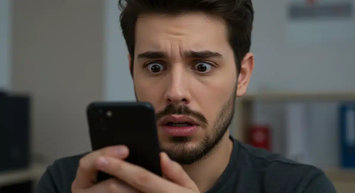 Pessoa confusa com mensagem suspeita no smartphone, representando golpe de phishing.