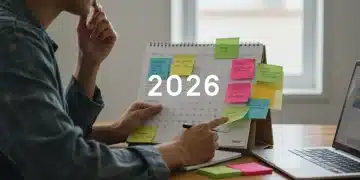 Pessoa planejando metas para 2026 com um calendário e anotações coloridas.