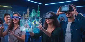 Pessoas interagindo com projeções holográficas de realidade aumentada e ambientes virtuais imersivos no Brasil, simbolizando o avanço tecnológico.