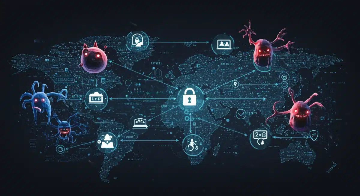 Diagrama de rede complexo mostrando fluxo de dados e vulnerabilidades com ameaças cibernéticas