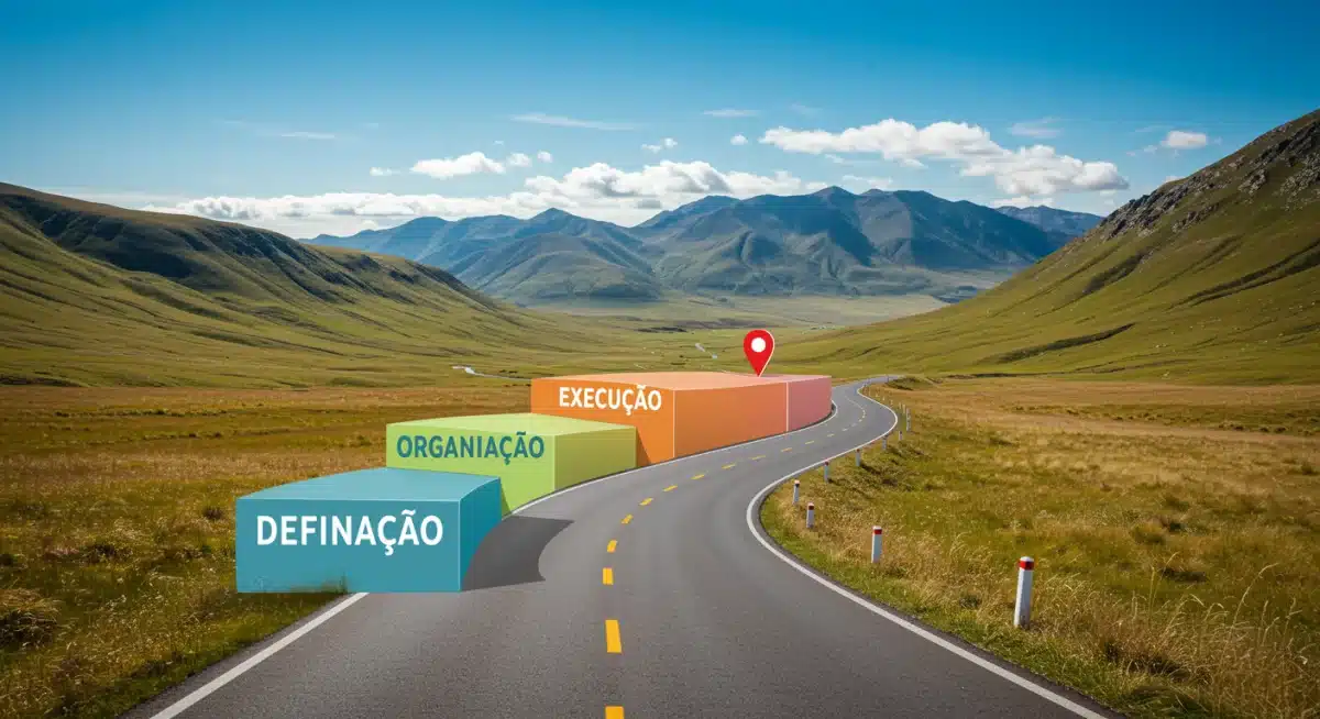 Ilustração de um roteiro de 4 passos para alcançar metas pessoais.