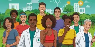 Pessoas de diversas idades e etnias praticando atividades saudáveis em um parque, com elementos de infraestrutura de saúde moderna ao fundo, simbolizando a saúde pública no Brasil em 2026.