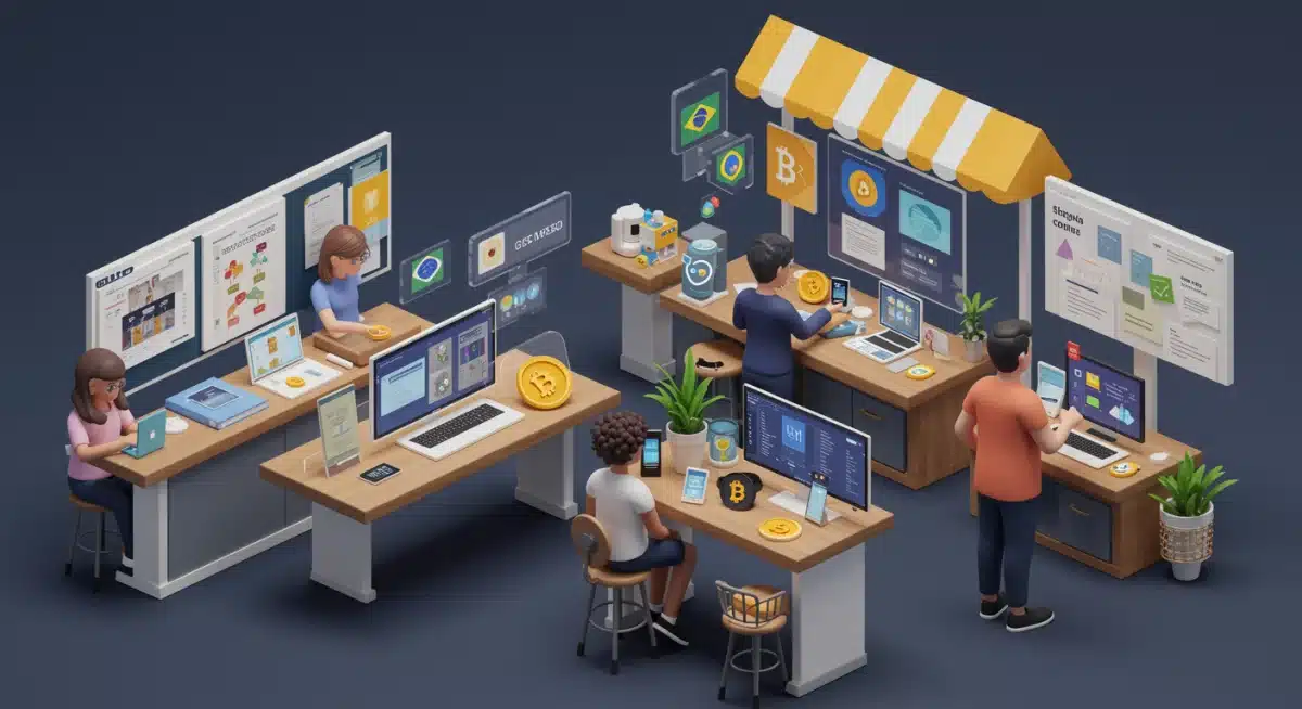 Avatares brasileiros interagindo em um mercado virtual no Metaverso