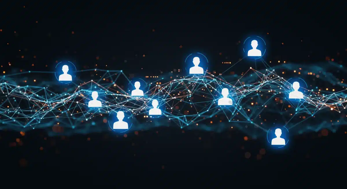 Rede complexa de análise de big data, mostrando perfis de usuários personalizados emergindo de fluxos de dados, ilustrando a personalização em massa.