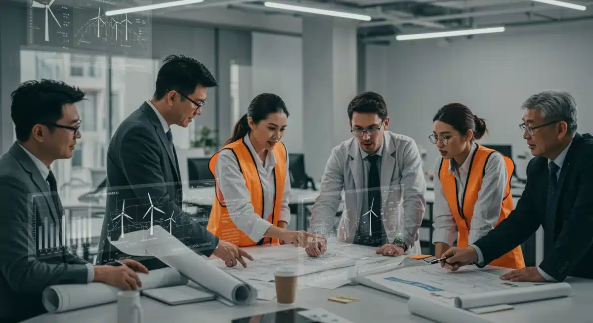 Profissionais diversos colaborando em projetos de energia renovável e desenvolvimento sustentável