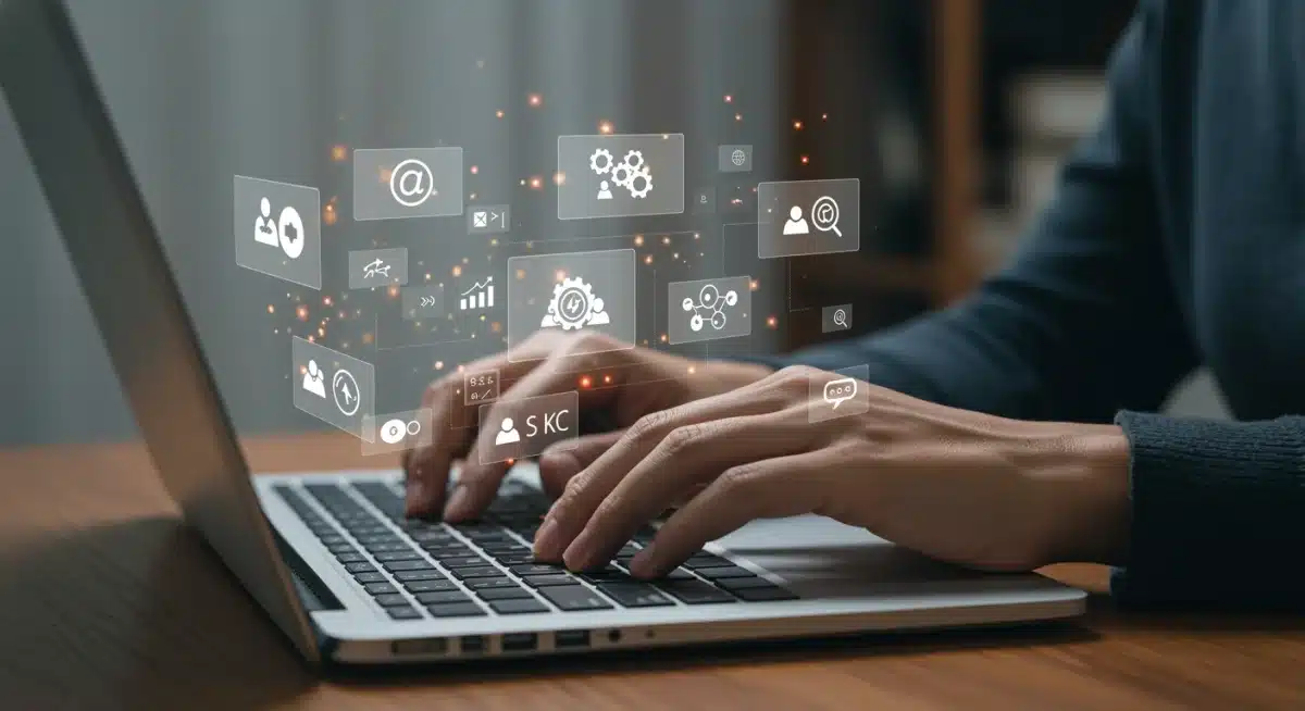 Mãos digitando em um laptop, com ícones de aplicativos de comunicação e gestão de projetos na tela, representando a colaboração digital.