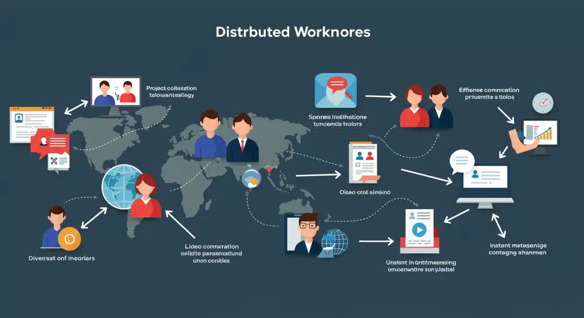 Infográfico ilustrando equipes globais conectadas digitalmente, simbolizando a colaboração em um mundo de trabalho distribuído.