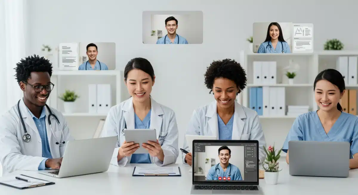 Profissionais de saúde colaborando remotamente, utilizando ferramentas digitais e teleconferência para atendimento ao paciente.