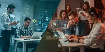 Equipe híbrida conectada por ferramentas digitais em um ambiente de trabalho moderno e colaborativo no Brasil.