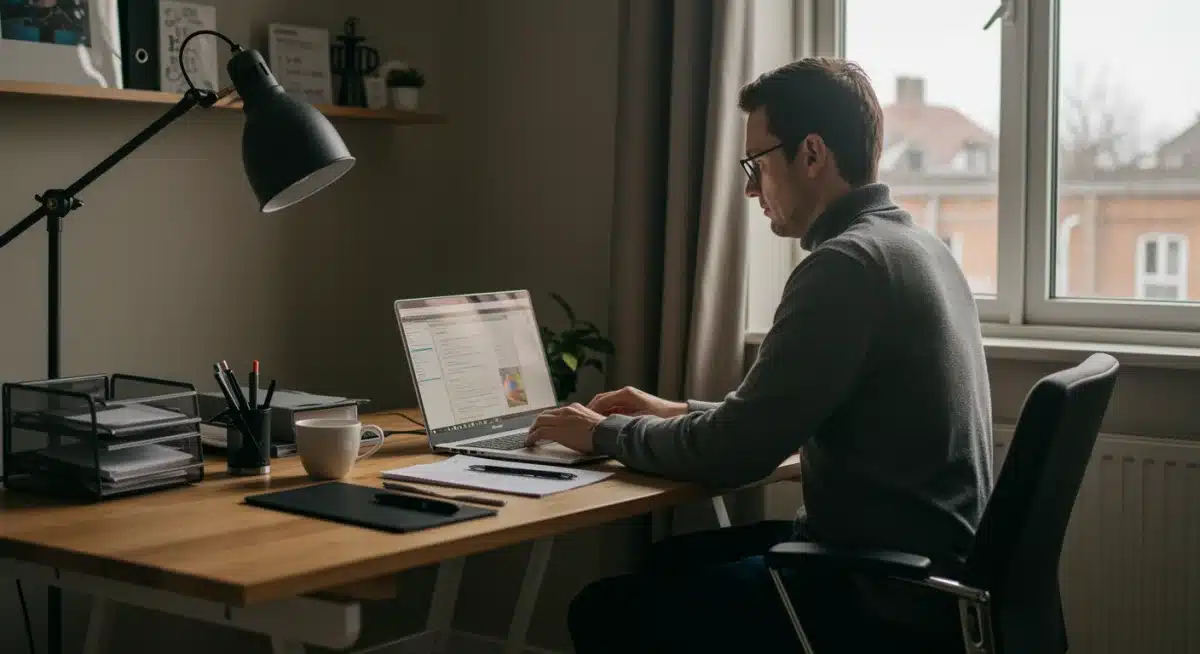 Profissional concentrado em seu home office bem organizado, representando a produtividade no trabalho remoto.