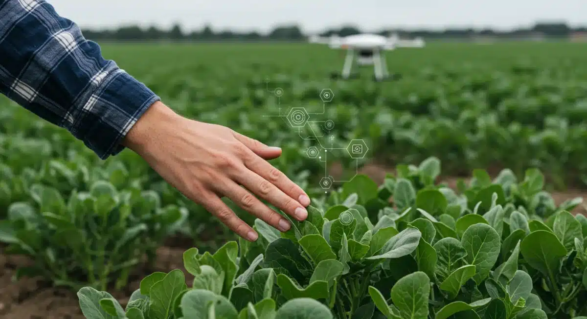Mãos de agricultor examinando lavoura saudável, com tecnologia agrícola avançada ao fundo, simbolizando inovação.