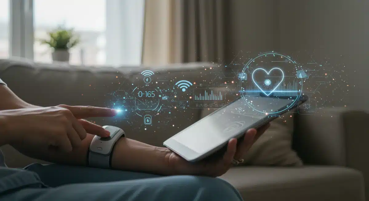 Paciente utilizando dispositivo vestível para monitoramento de saúde em casa, com dados exibidos em tablet e análise de IA.