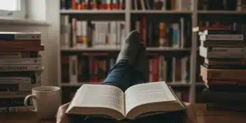 Pessoa lendo um livro em um ambiente aconchegante e inspirador.