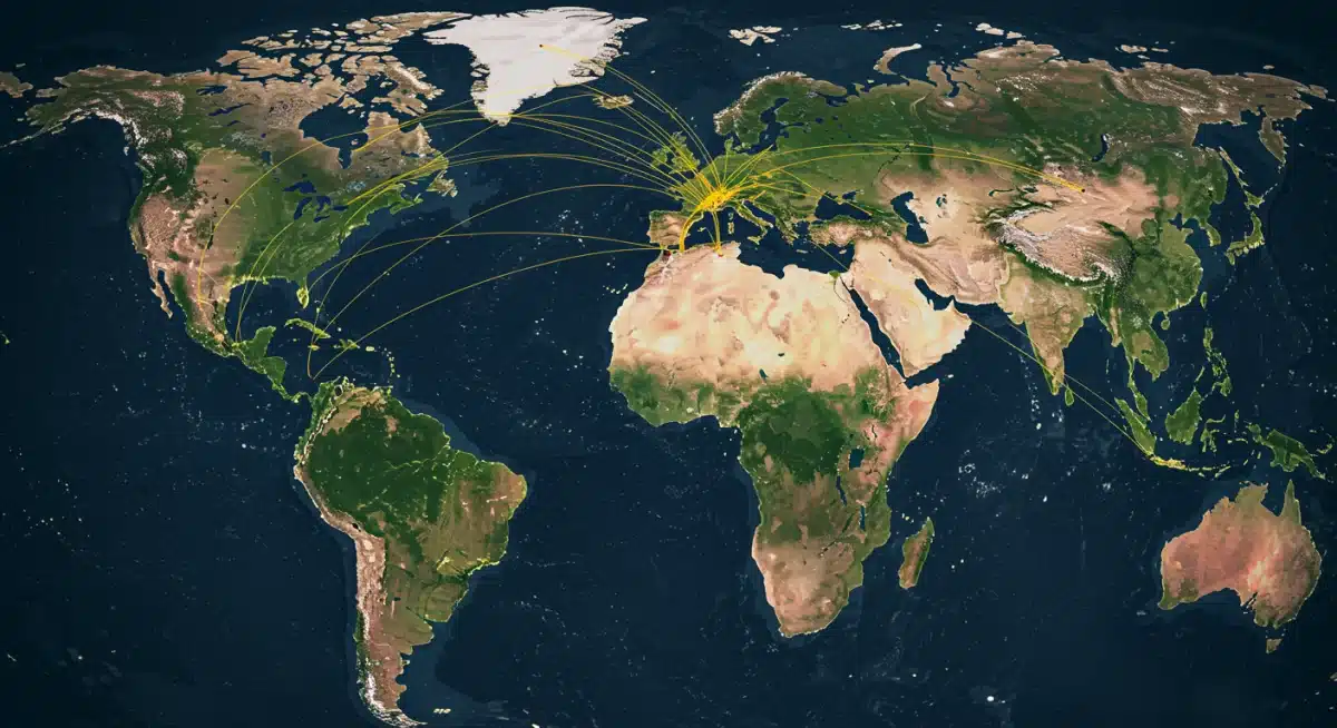 Mapa-múndi estilizado com rotas comerciais, destacando a interconexão global do agronegócio.